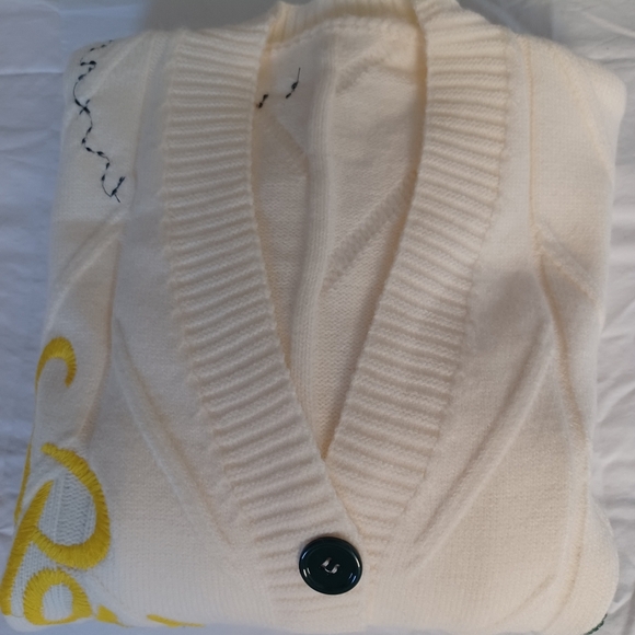 Womens Cream Cardigan M/L Cable Knit Sweater Patches Grandma Core Gossip Girl - Picture 8 of 8